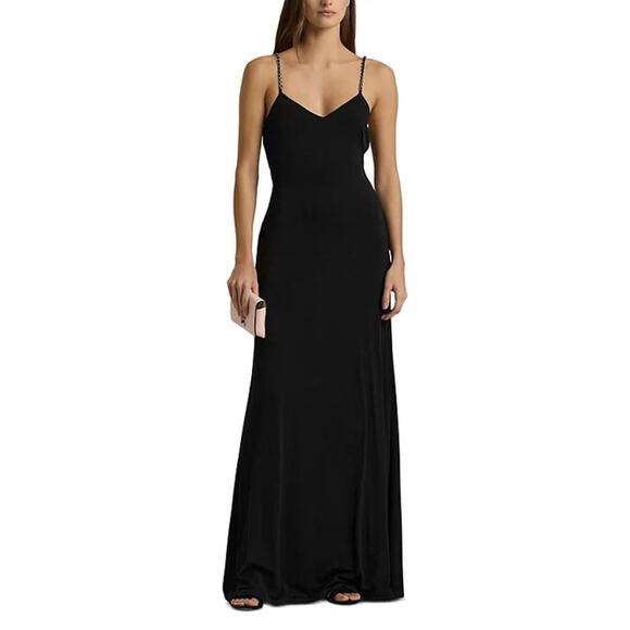 Lauren Ralph Lauren Chain Strap Twisted Jersey Gown Sleeveless Black Size 12 NWT - Picture 1 of 14